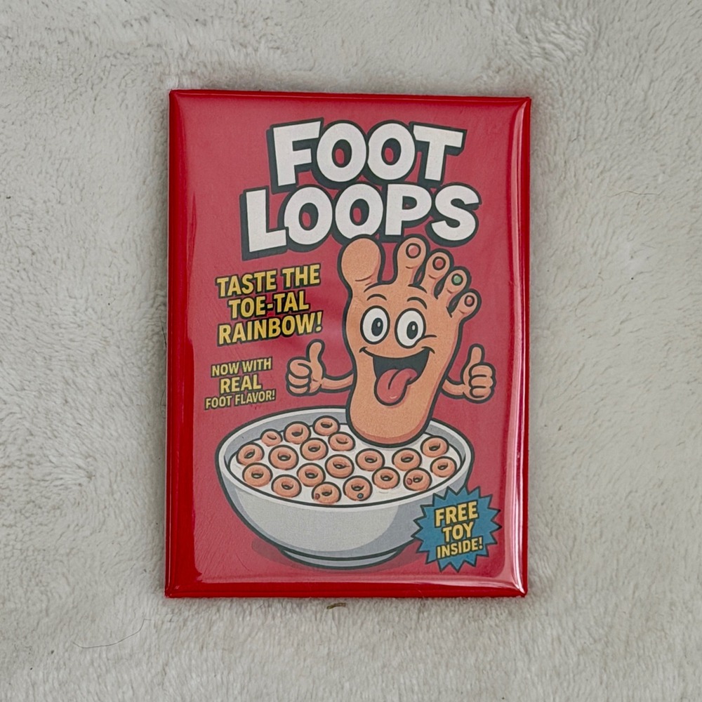 Foot Loops Funny Cereal Box Parody Large Novelty Pinback Button Pin 2.5"x3.5"